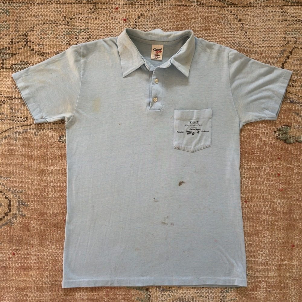 Vintage 70s Stedman Mini Truck Heaven Polo Shirt‎ Blue ABC Auto Truck Parts L